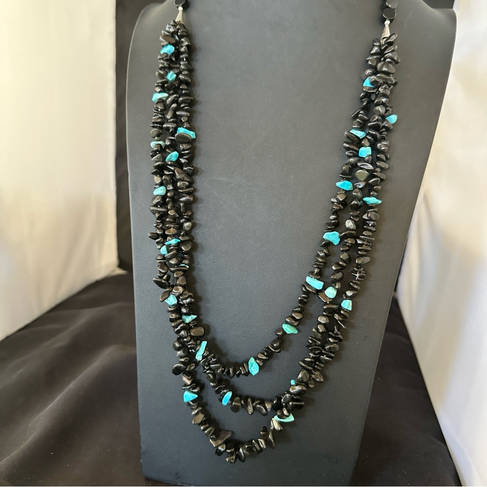 Black Onyx and Blue Turquoise Sterling Silver Beaded Necklace 19577